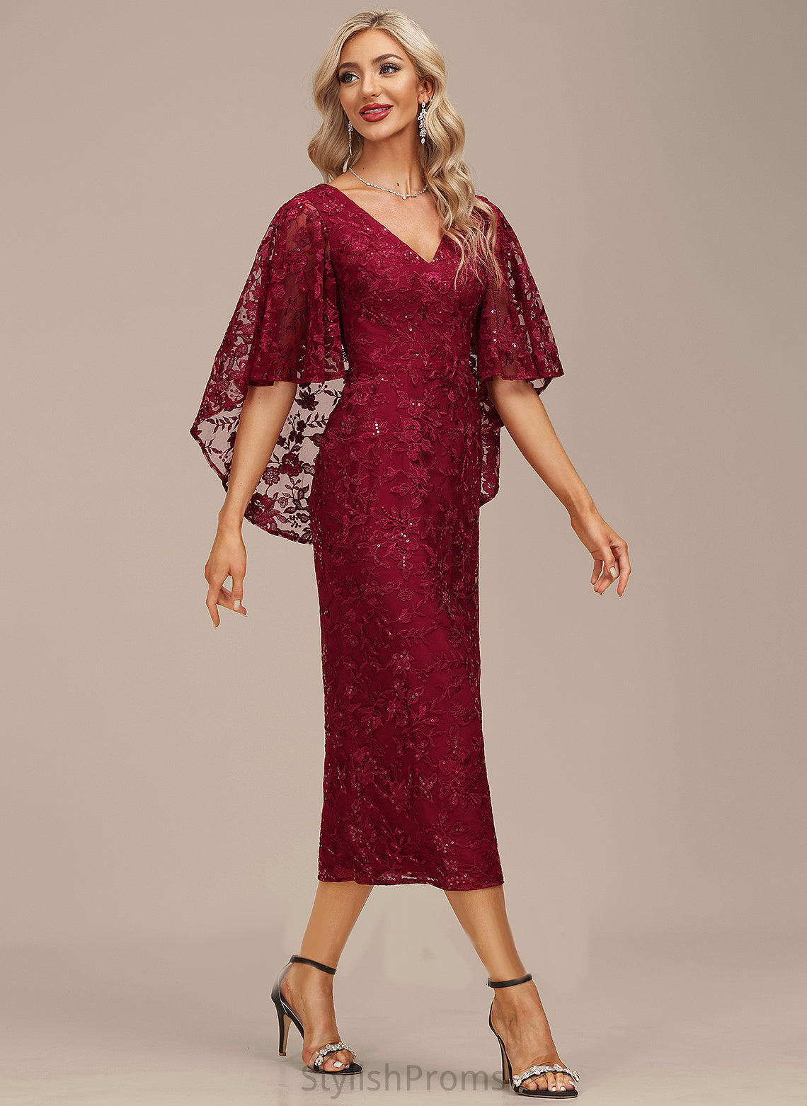 Sequins Tea-Length Sheath/Column Lorna Cocktail Dresses With Dress V-neck Cocktail Lace