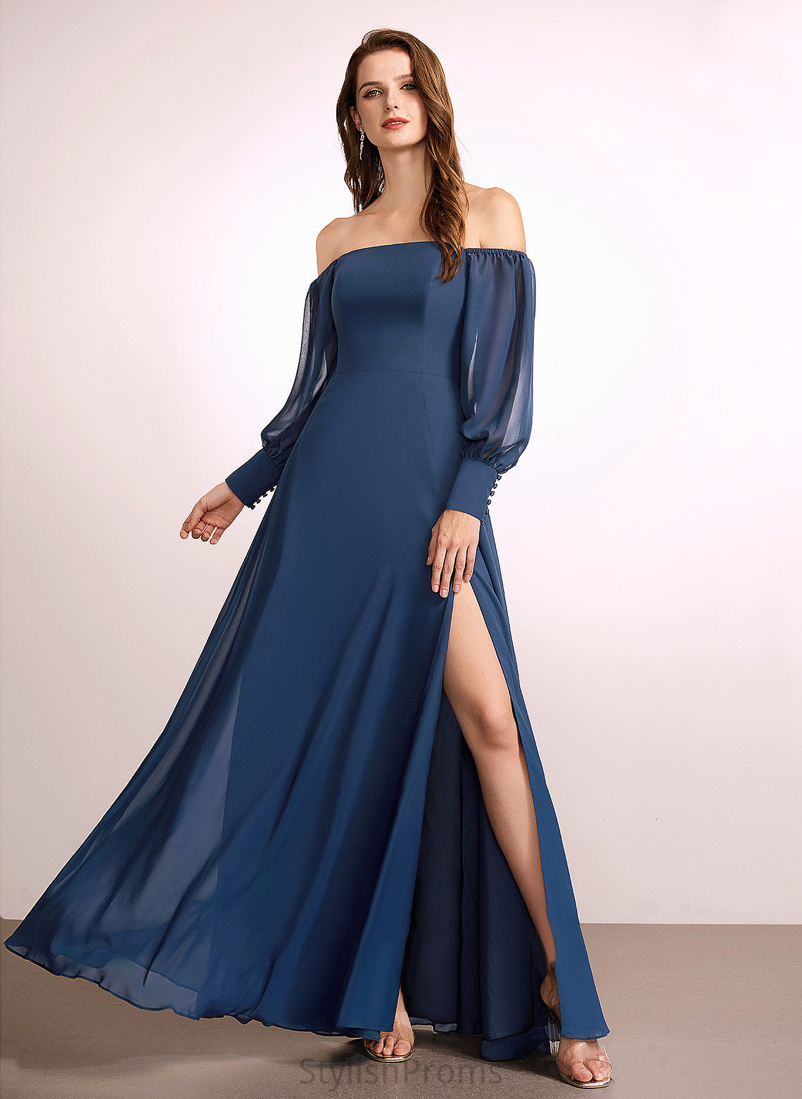 SplitFront Embellishment Length Silhouette Neckline A-Line Fabric Floor-Length Off-the-Shoulder Deborah Sleeveless Trumpet/Mermaid Bridesmaid Dresses