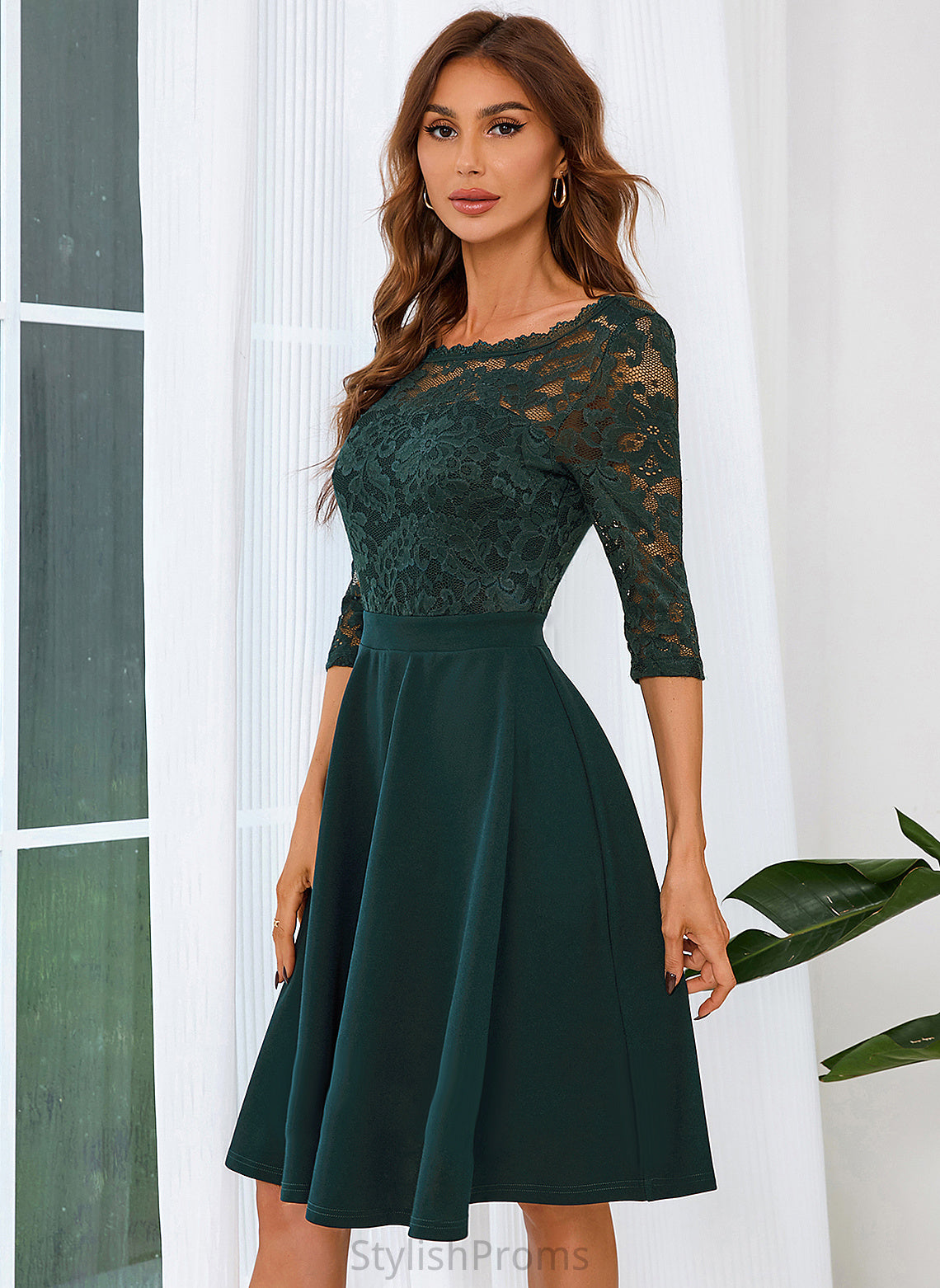 Elegant Blends A-line Dresses Lace Sleeves Club Dresses 3/4 Round Lailah Cotton Neck Mini