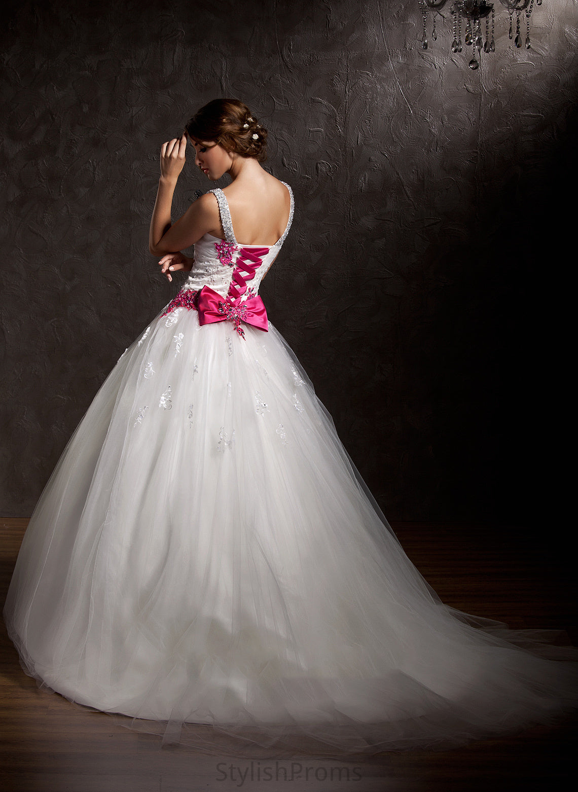 Tulle Ball-Gown/Princess Cali Ruffle Train Dress With Wedding Dresses Bow(s) Chapel Sweetheart Lace Appliques Wedding