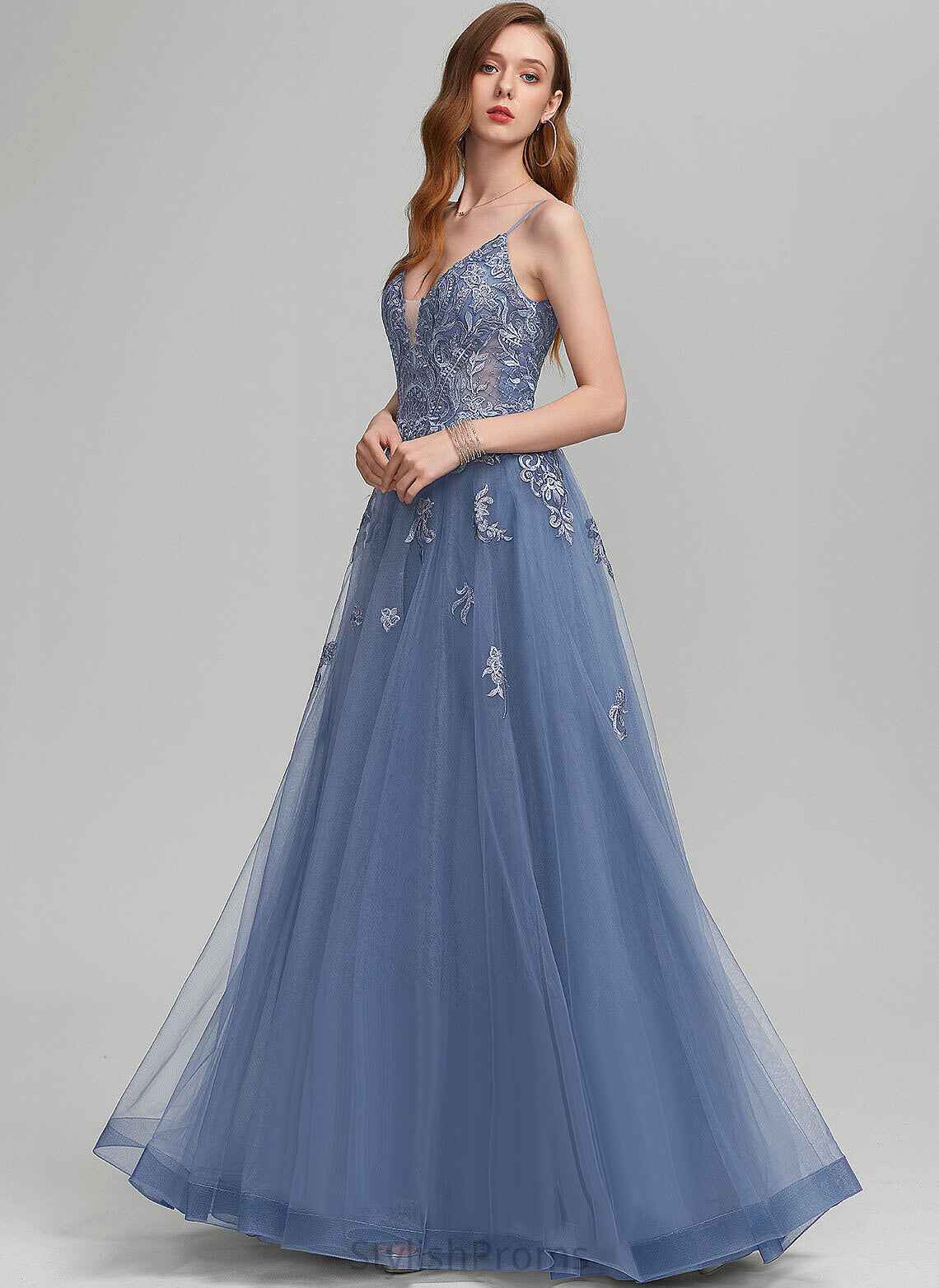 A-Line Floor-Length Prom Dresses V-neck Nora Lace Tulle With Sequins