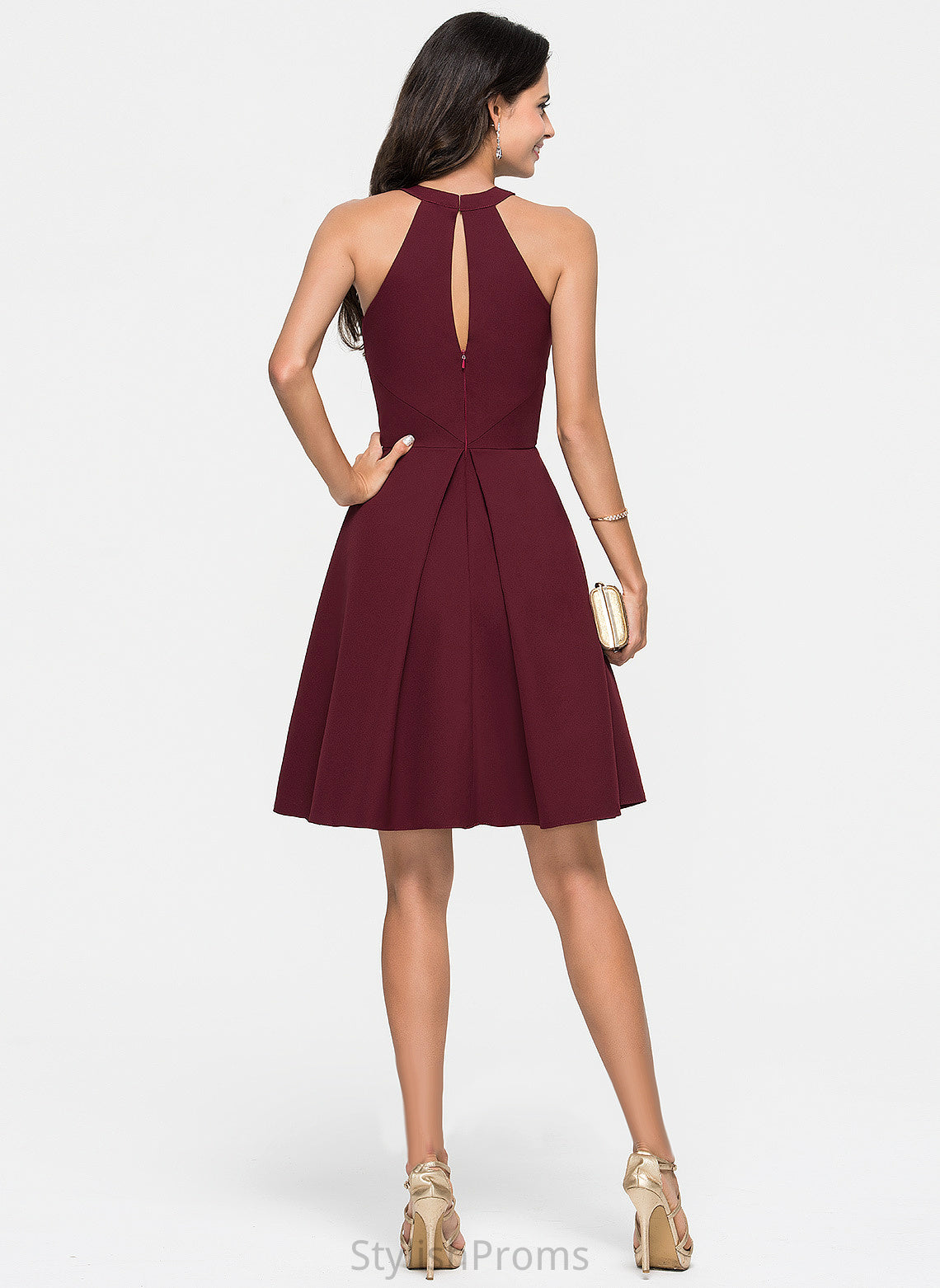 A-Line Crepe Knee-Length Cocktail Dress Cocktail Dresses Scoop Stretch Jordin Ruffle With Neck