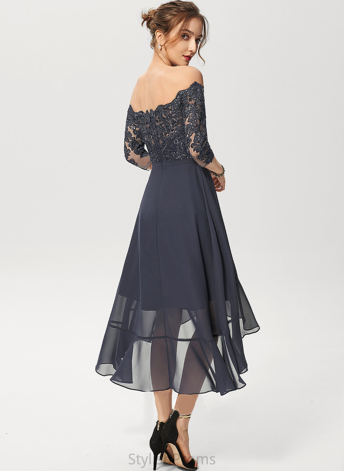 Asymmetrical A-Line Sequins Chiffon Cocktail Lace Dress Stephany Off-the-Shoulder With Cocktail Dresses