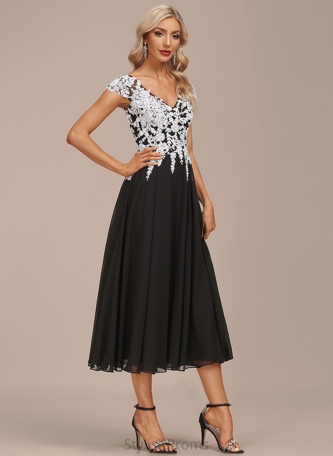 Cocktail Dresses Lace V-neck Kimberly A-Line Chiffon Cocktail Dress Tea-Length