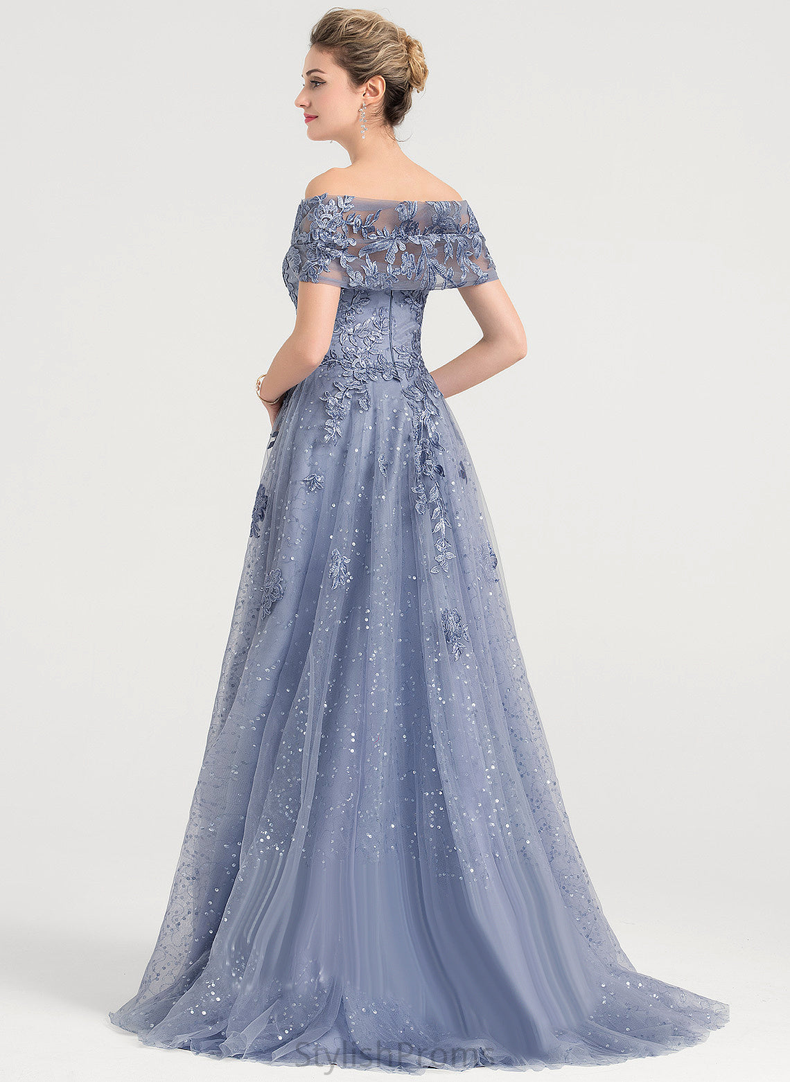 With Ashanti Sequins Lace Tulle Train Prom Dresses Sweep Off-the-Shoulder Ball-Gown/Princess