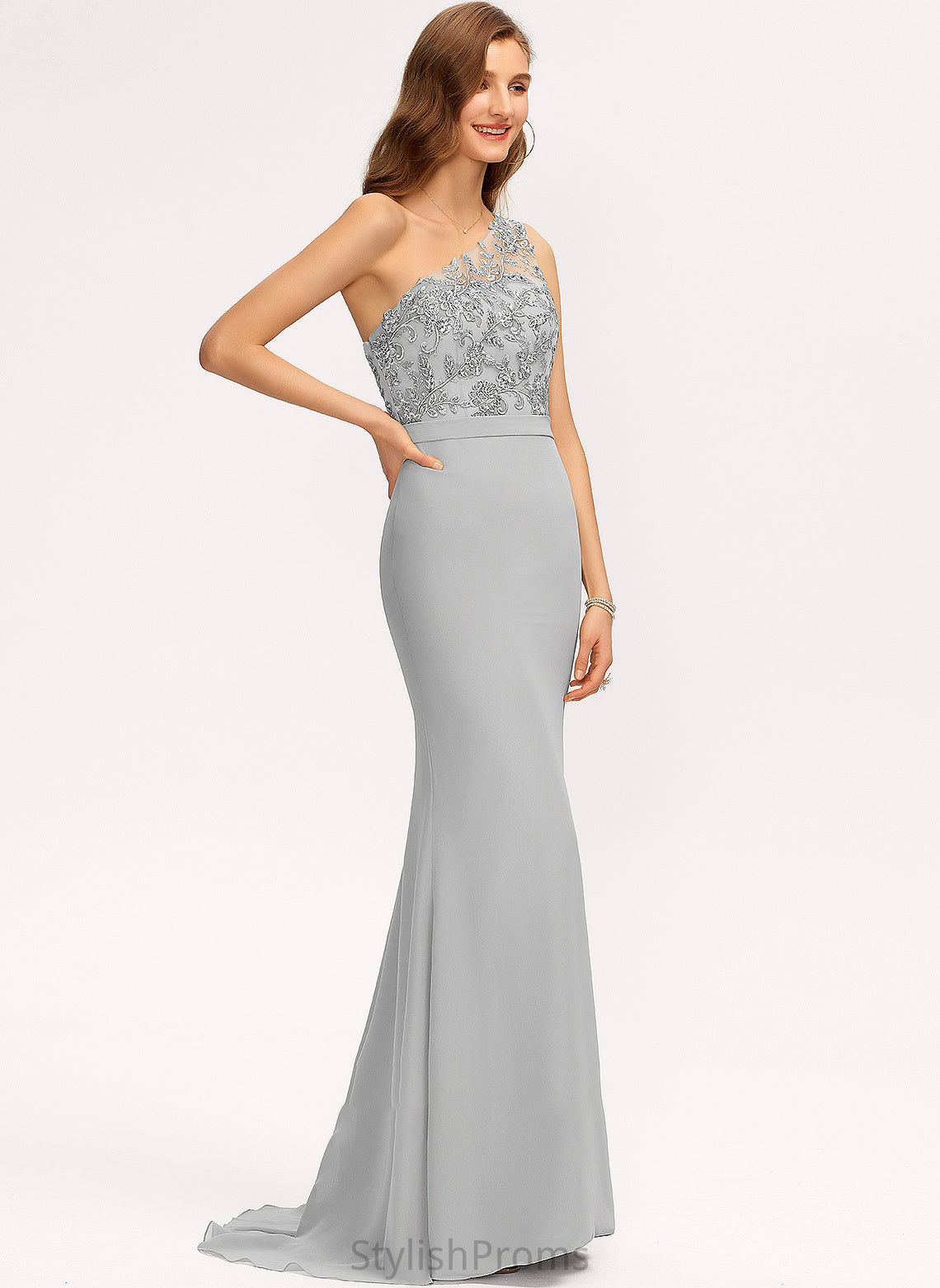 Fabric One-Shoulder Trumpet/Mermaid Silhouette Length Lace SweepTrain Straps Neckline Giuliana Scoop Natural Waist Bridesmaid Dresses