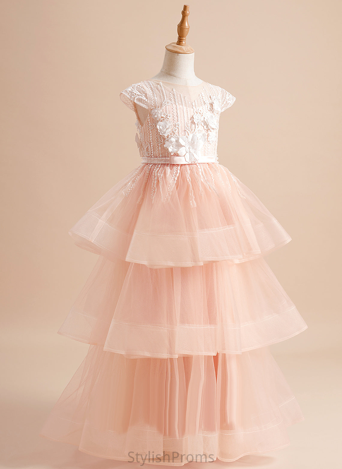 Jenna Flower Girl Dresses Ball-Gown/Princess Girl Neck - Short Dress Flower Floor-length Scoop Sleeves Tulle Beading/Flower(s)/Bow(s) With