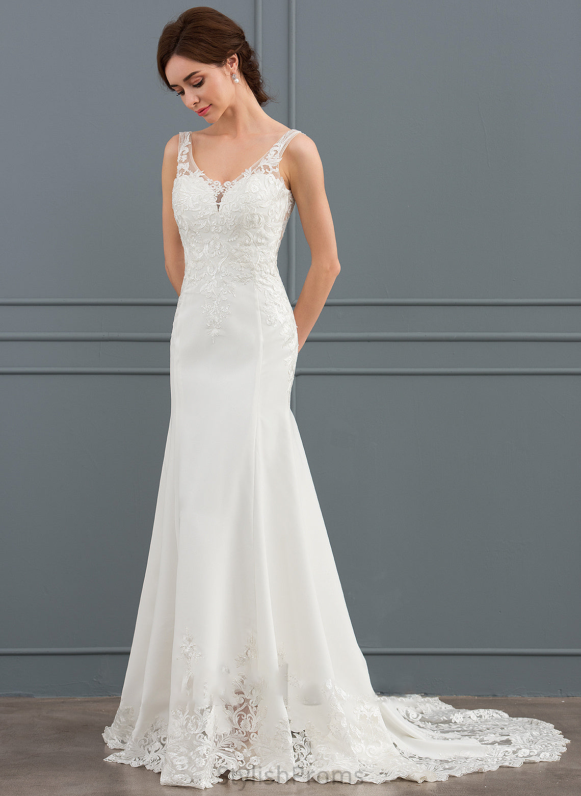 Trumpet/Mermaid Court V-neck Wedding Dresses Stretch Aliya With Crepe Sequins Dress Lace Wedding Train