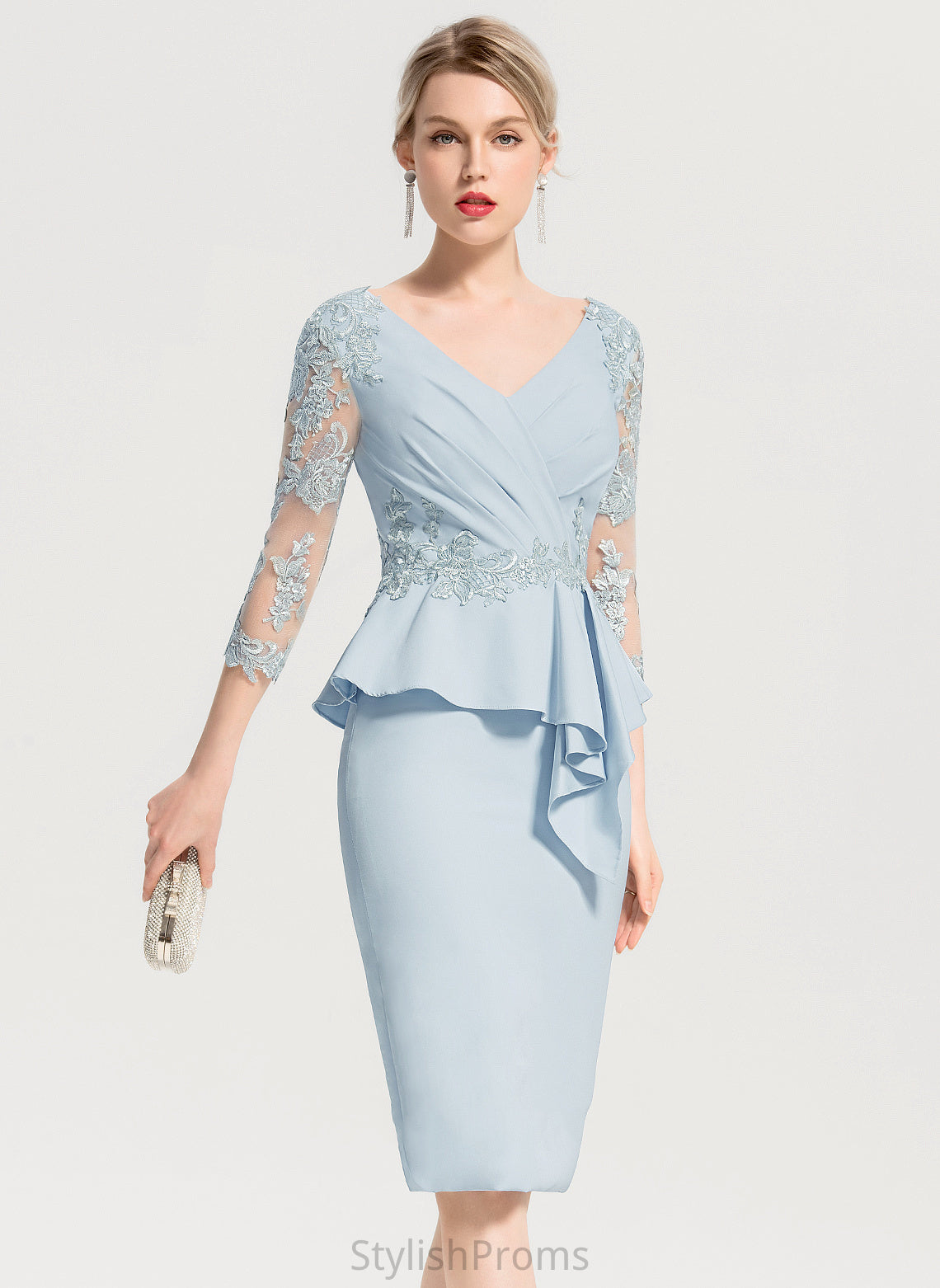 Appliques Dress With Crepe Cascading Ruffles Cocktail Sheath/Column Lace Knee-Length Stretch Cocktail Dresses V-neck Delilah Lace