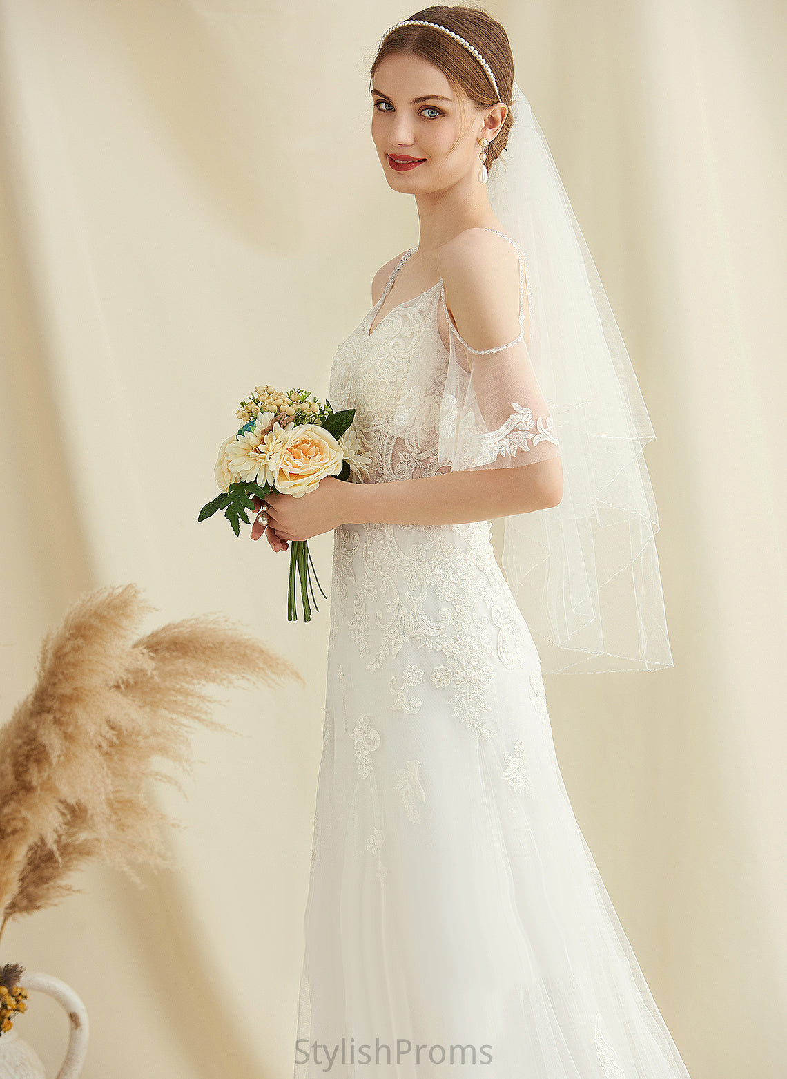 Tulle Aubrey V-neck A-Line Wedding Sweep Train Wedding Dresses With Lace Beading Dress