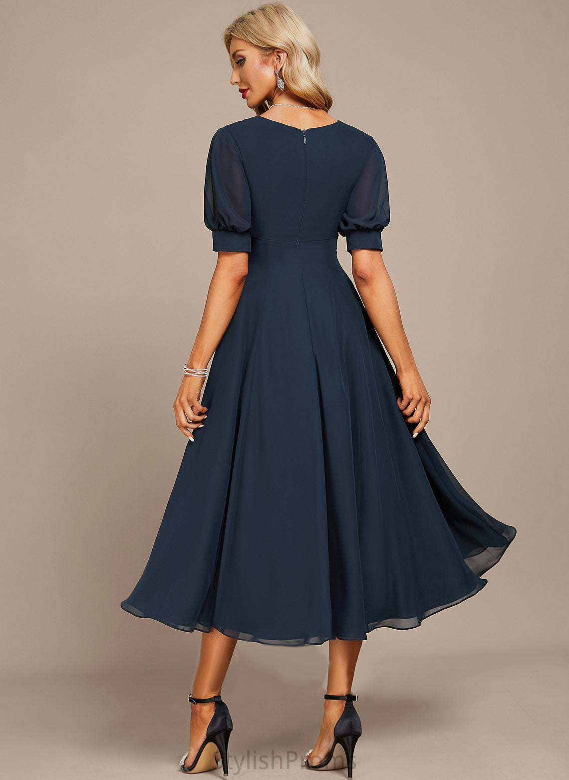 Cocktail V-neck Dress Tea-Length Meredith A-Line Chiffon Cocktail Dresses With Ruffle