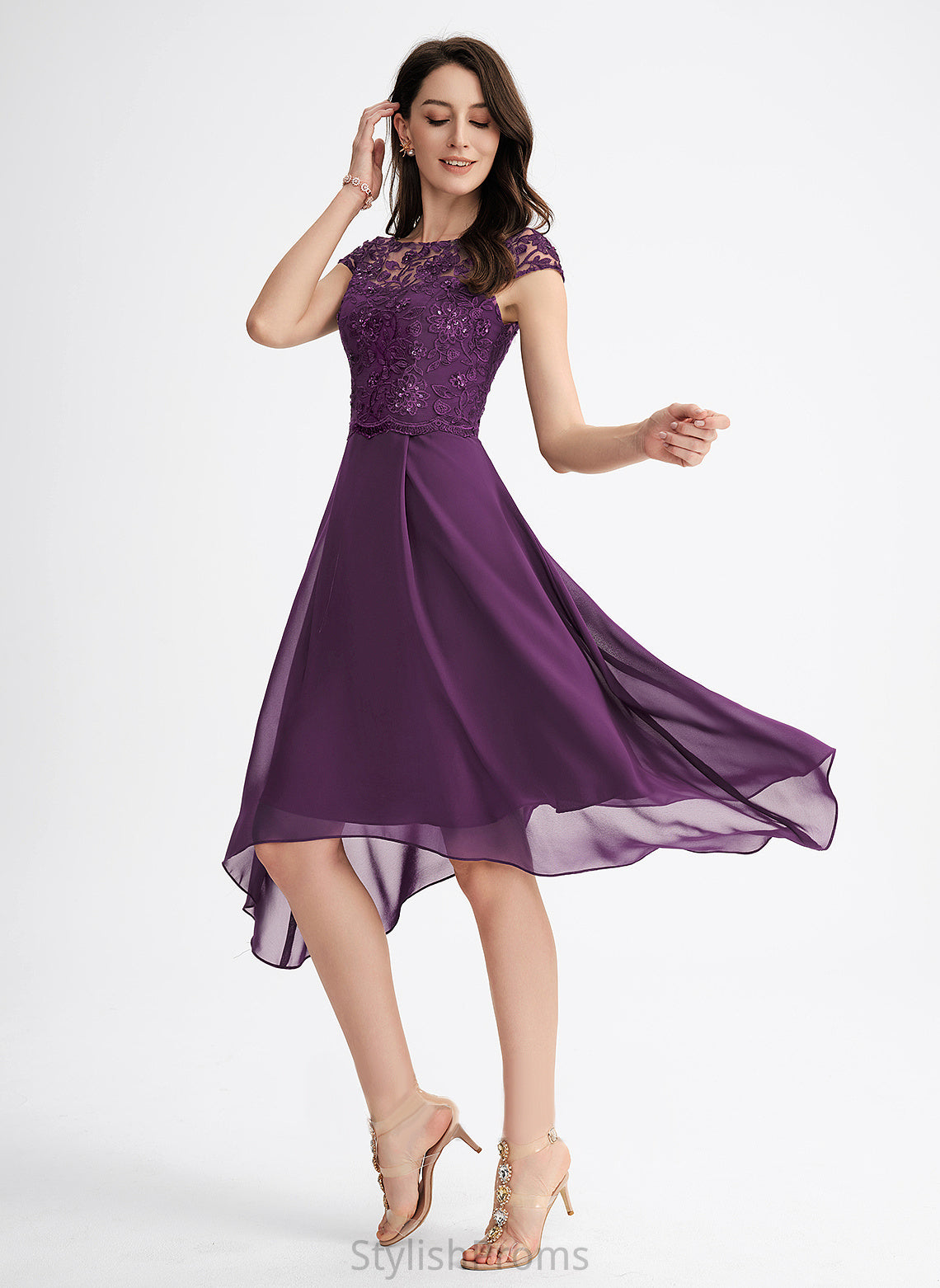 Scoop Asymmetrical Neck A-Line With Sequins Beading Chiffon Lace Dress Laney Cocktail Cocktail Dresses