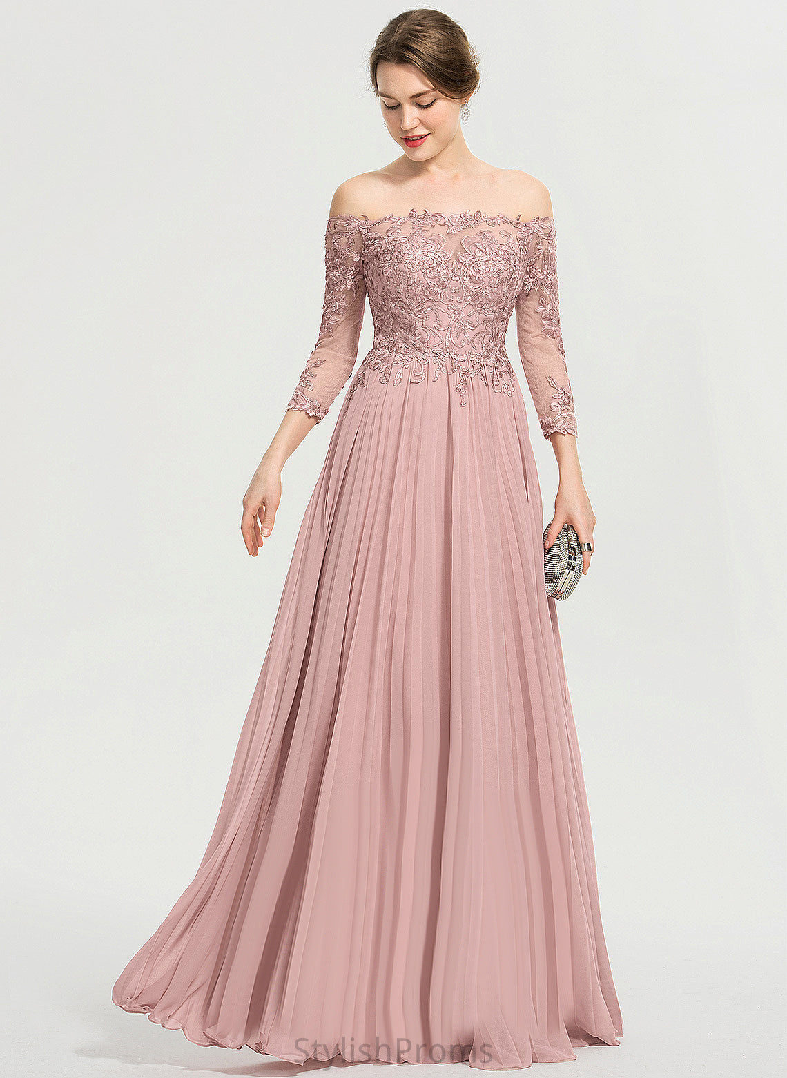 Sequins Ball-Gown/Princess Riley Off-the-Shoulder Pleated Floor-Length Lace Chiffon Prom Dresses With