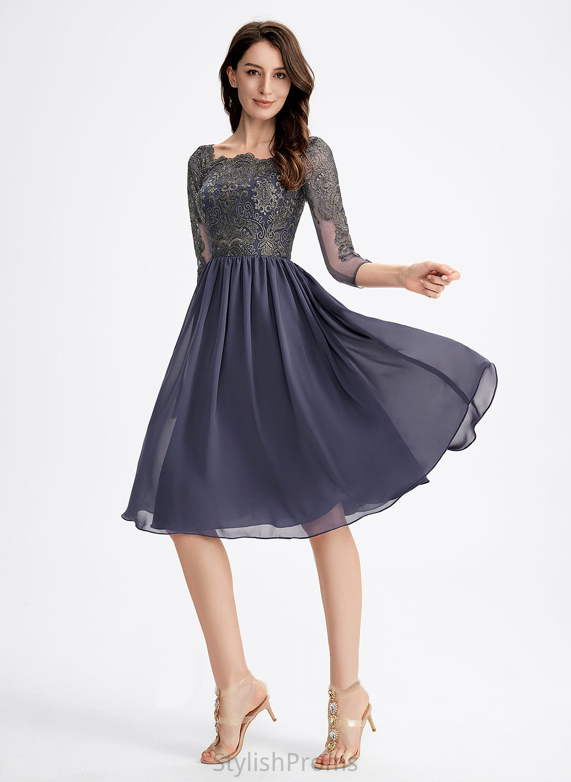 Cocktail Chiffon With Neckline Square Glenda Lace A-Line Cocktail Dresses Knee-Length Lace Dress