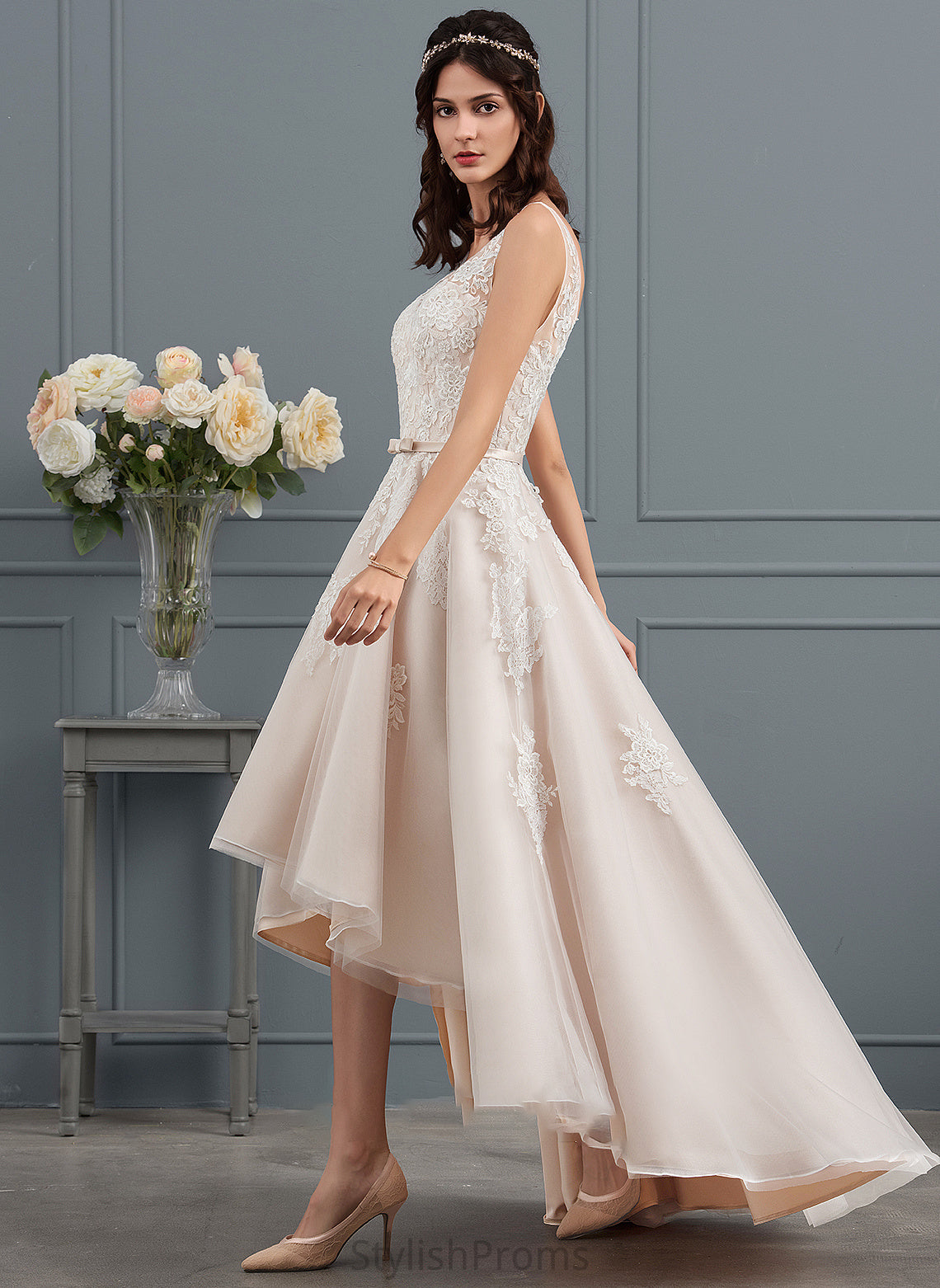 Dress Wedding With A-Line Lace Asymmetrical V-neck Jade Wedding Dresses Tulle Bow(s)