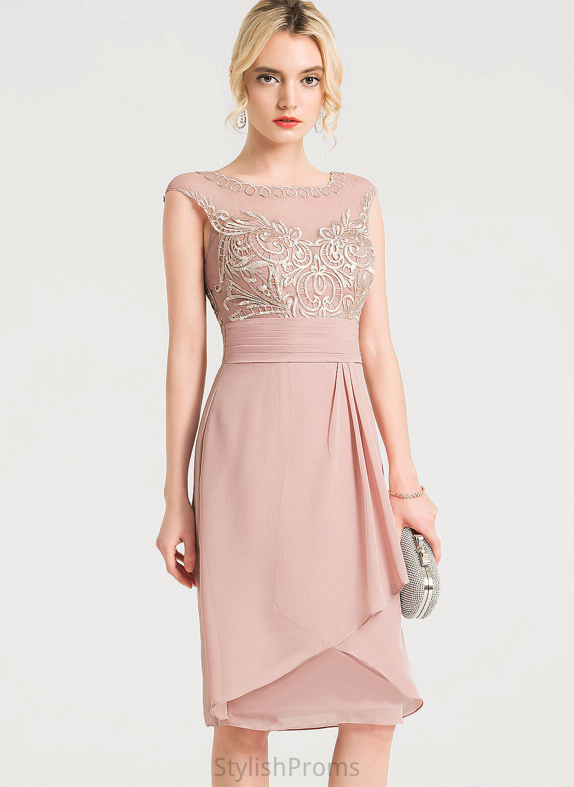 Lace Dress Sheath/Column Chiffon Cocktail Neck Ruffles With Cornelia Scoop Cascading Knee-Length Cocktail Dresses