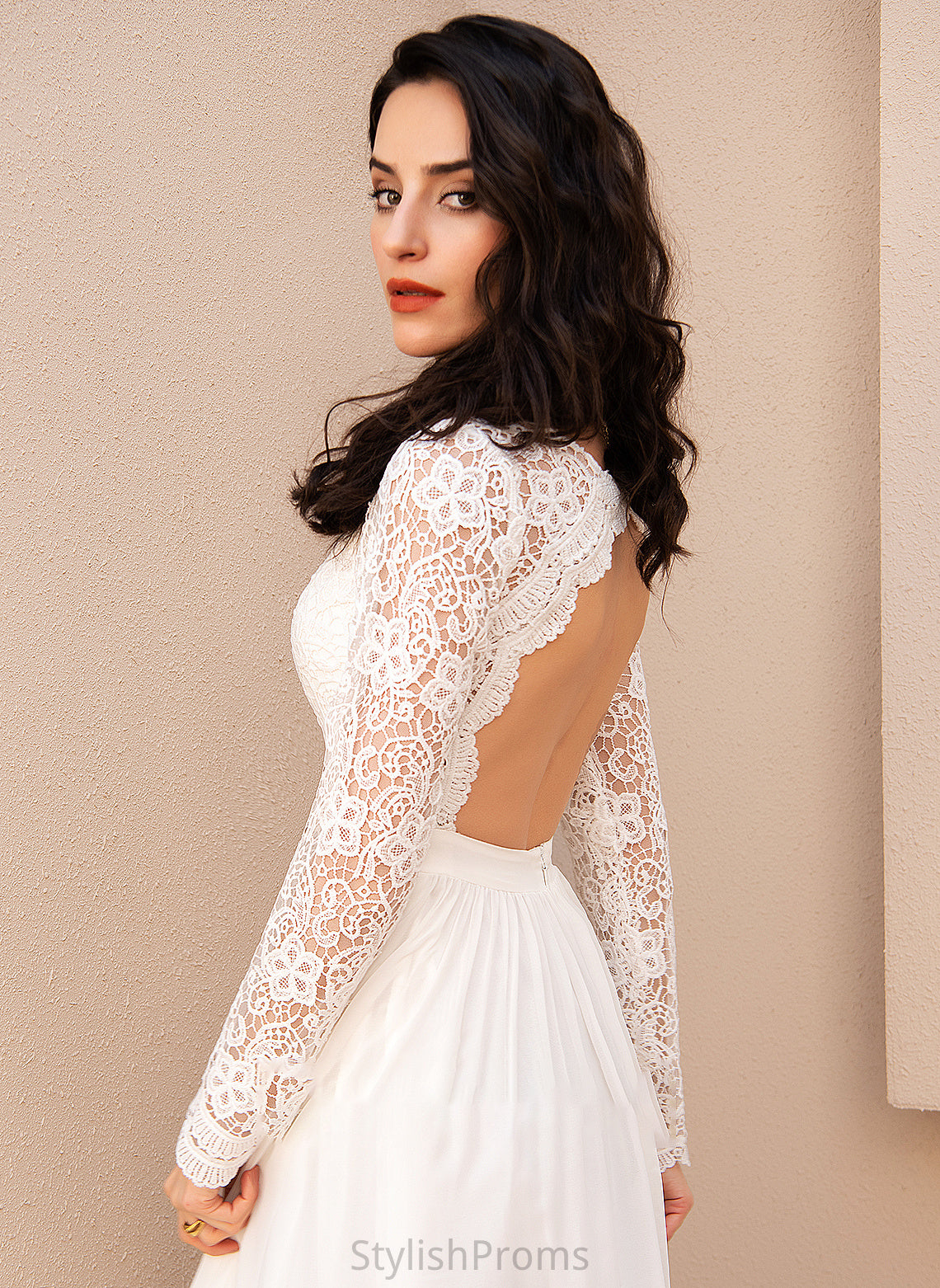 Floor-Length Lace Dress A-Line Elaina Wedding Chiffon With V-neck Wedding Dresses