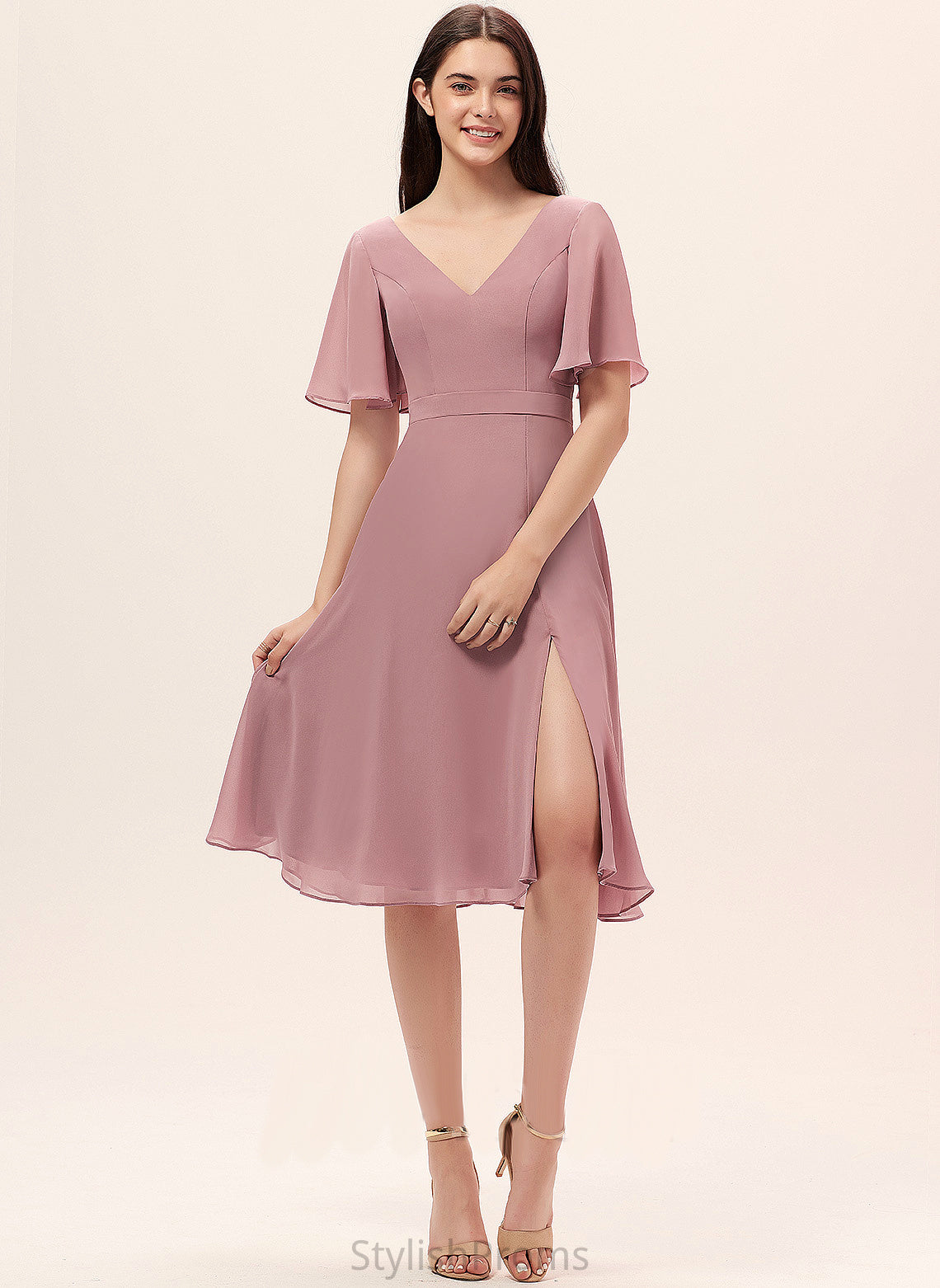 Split Chiffon Cocktail V-neck A-Line Dress Cocktail Dresses Frances Front With Knee-Length