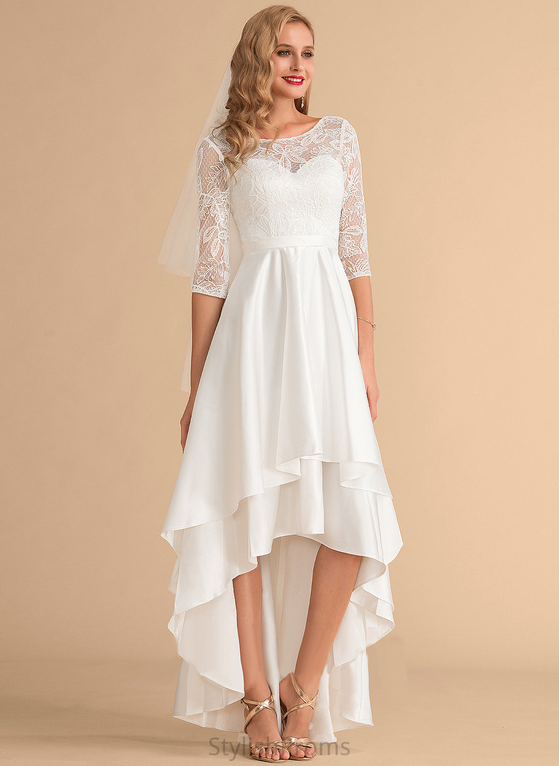 Dress Satin Lace A-Line Wedding Wedding Dresses Scoop Adrienne Asymmetrical