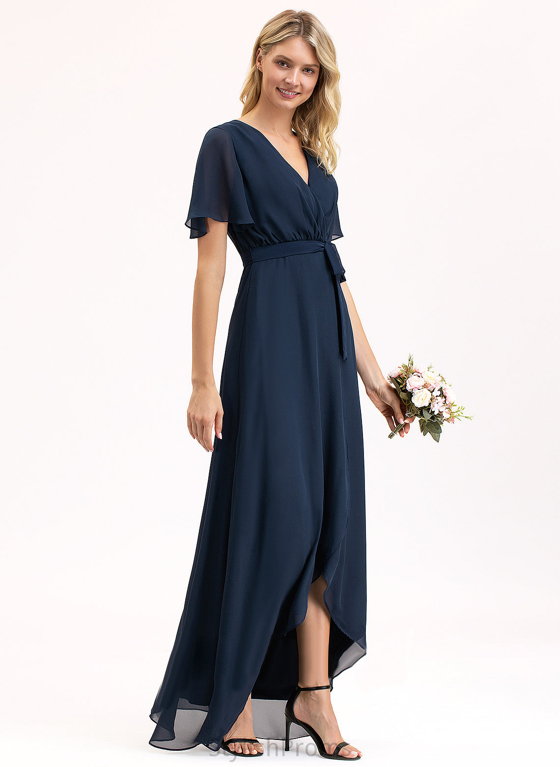 Cocktail V-neck Cocktail Dresses With Asymmetrical A-Line Bow(s) Jackie Chiffon Dress