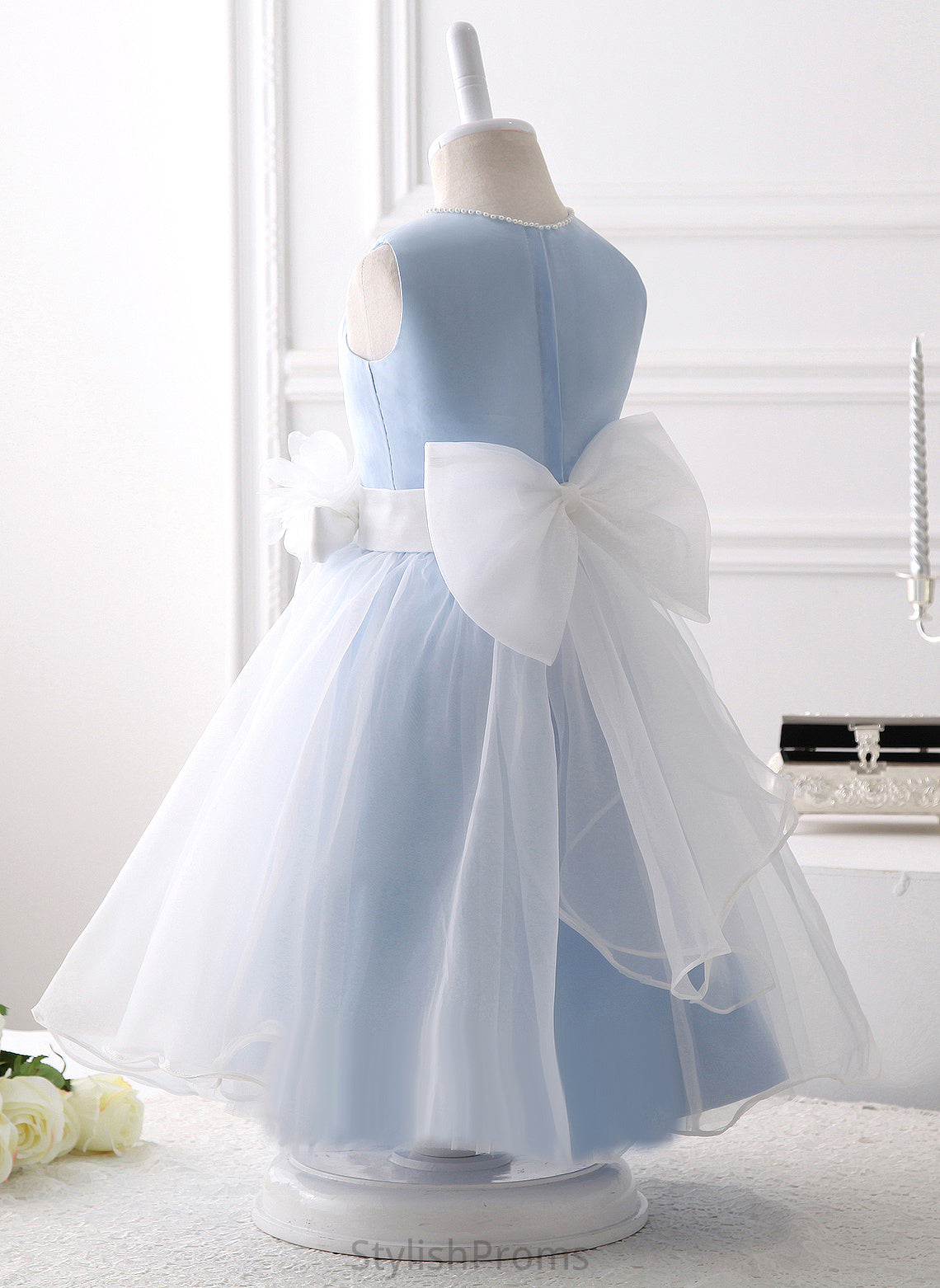 Dress Flower Organza Scoop With Beading/Flower(s)/Bow(s) Sleeveless Neck Girl Flower Girl Dresses A-Line Val Knee-length -