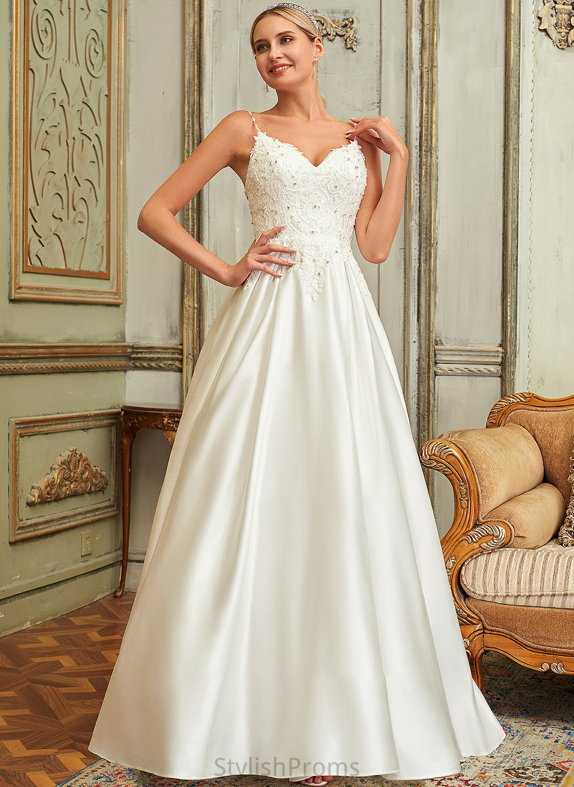 V-neck Train Satin Penelope Sweep Dress Beading Wedding Dresses Ball-Gown/Princess Sequins With Pockets Lace Lace Wedding