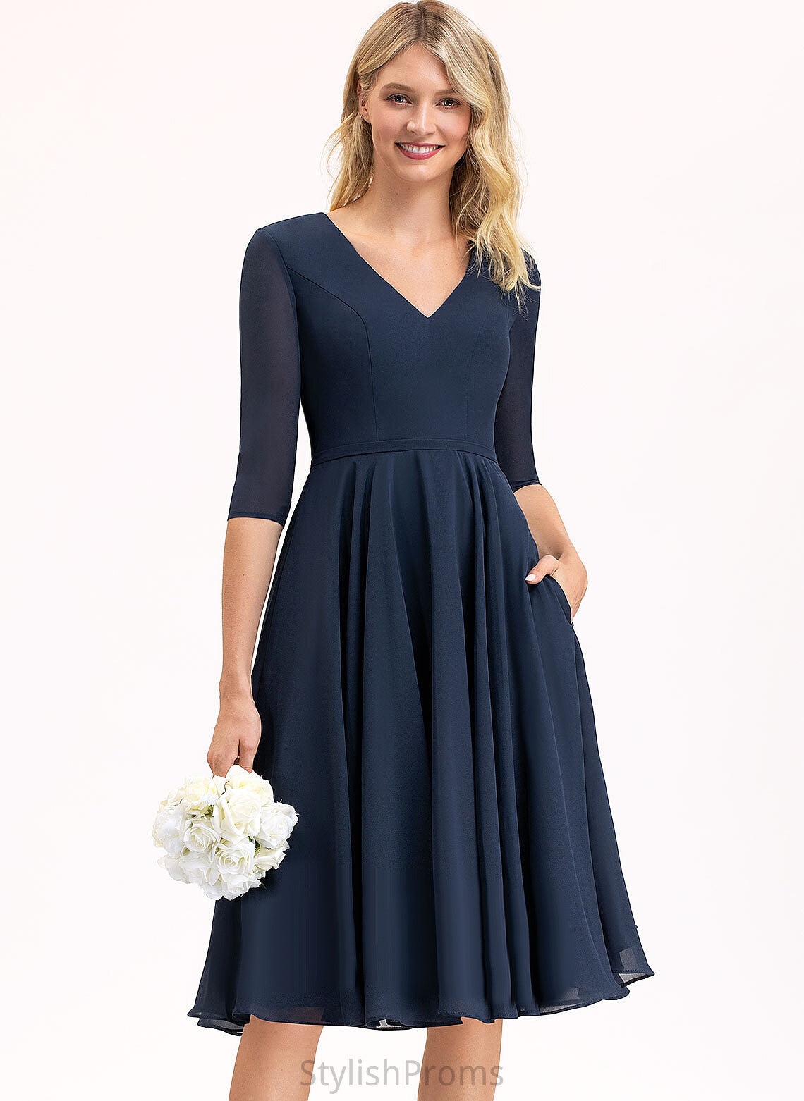 A-Line Cocktail Dresses With Tricia Cocktail V-neck Knee-Length Pockets Chiffon Dress