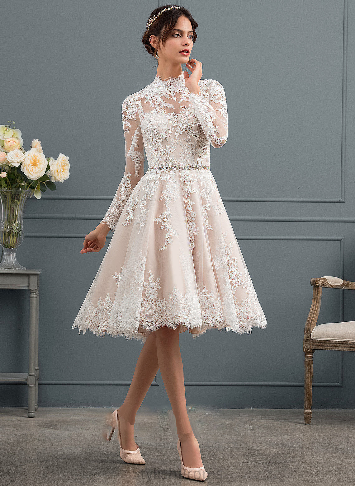 Knee-Length Dress Wedding Dresses Wedding A-Line Illusion Lace Persis