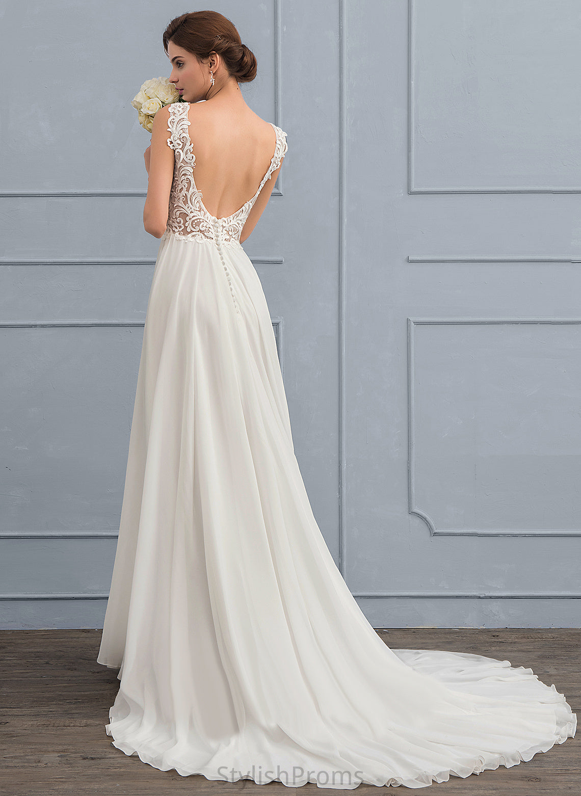 Gabrielle V-neck Wedding Dresses Dress Court Lace A-Line Chiffon Wedding Train