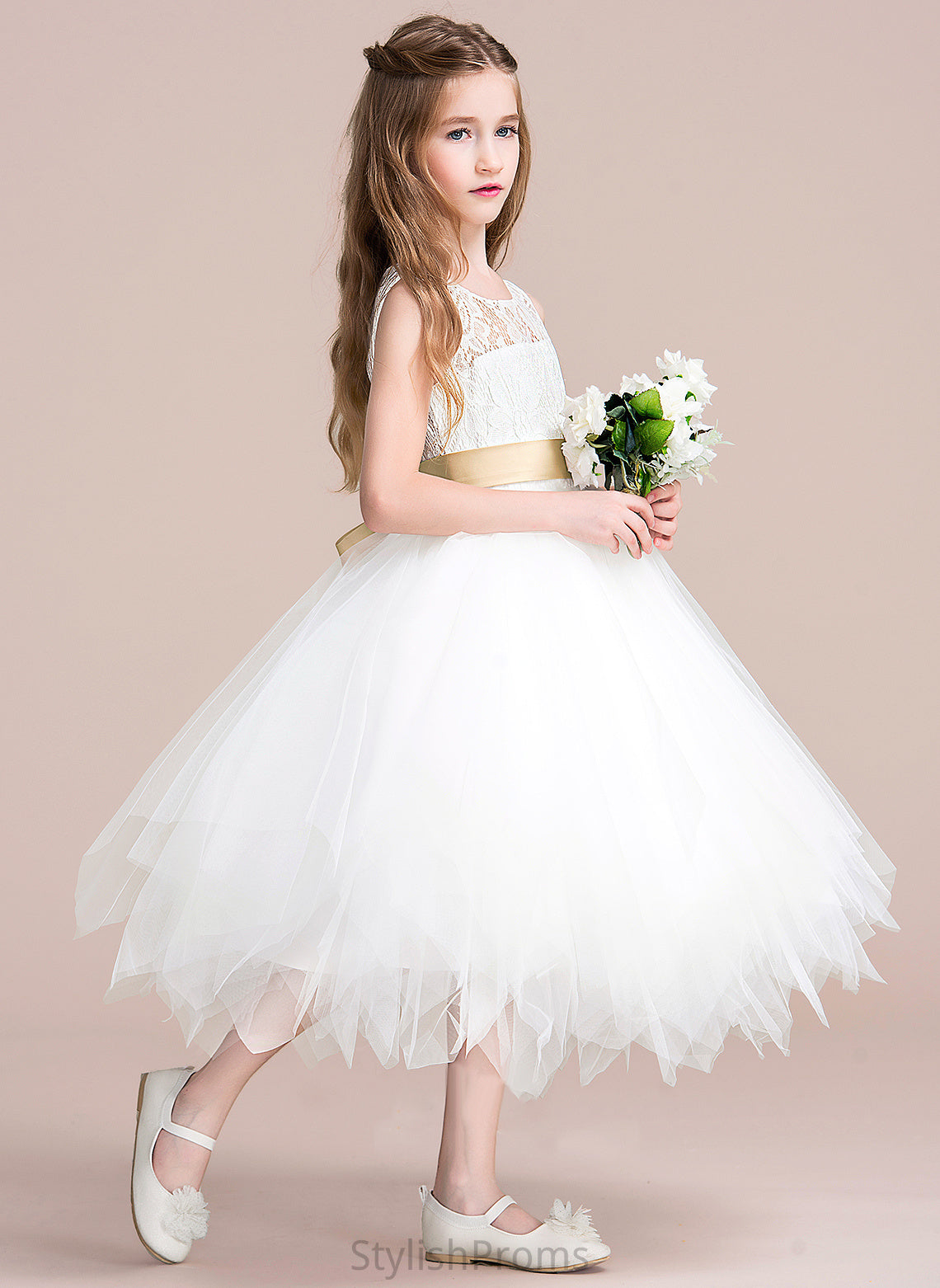 Sleeveless Tulle/Lace Dress (Detachable Scoop Maci Hole Flower Girl Dresses Flower With - sash) Sash/Back A-Line Neck Tea-length Girl