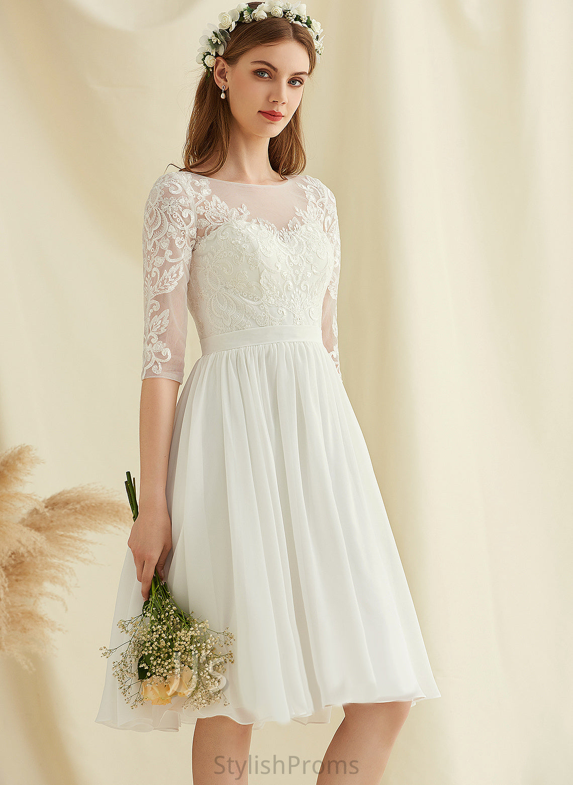 Wedding Neck With Wedding Dresses Scoop Keira Knee-Length Sequins Chiffon Lace Dress A-Line