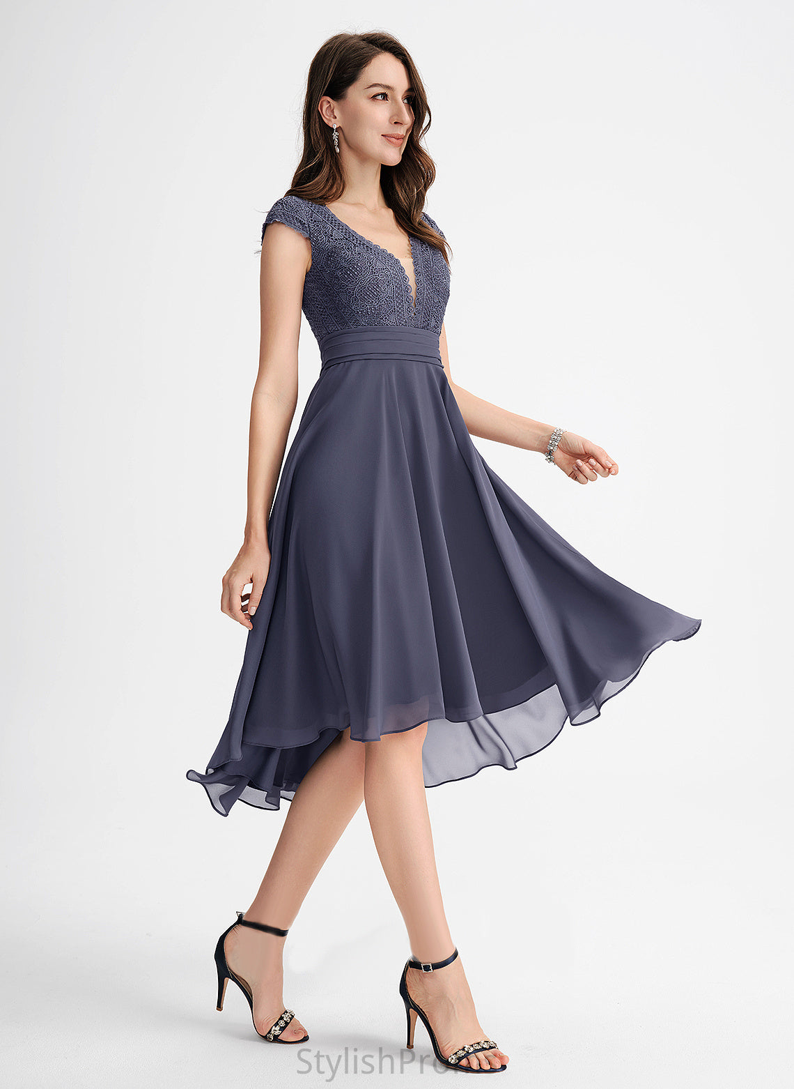 A-Line Asymmetrical Lace Cocktail Dresses Cocktail V-neck Dress Malia With Chiffon Pleated