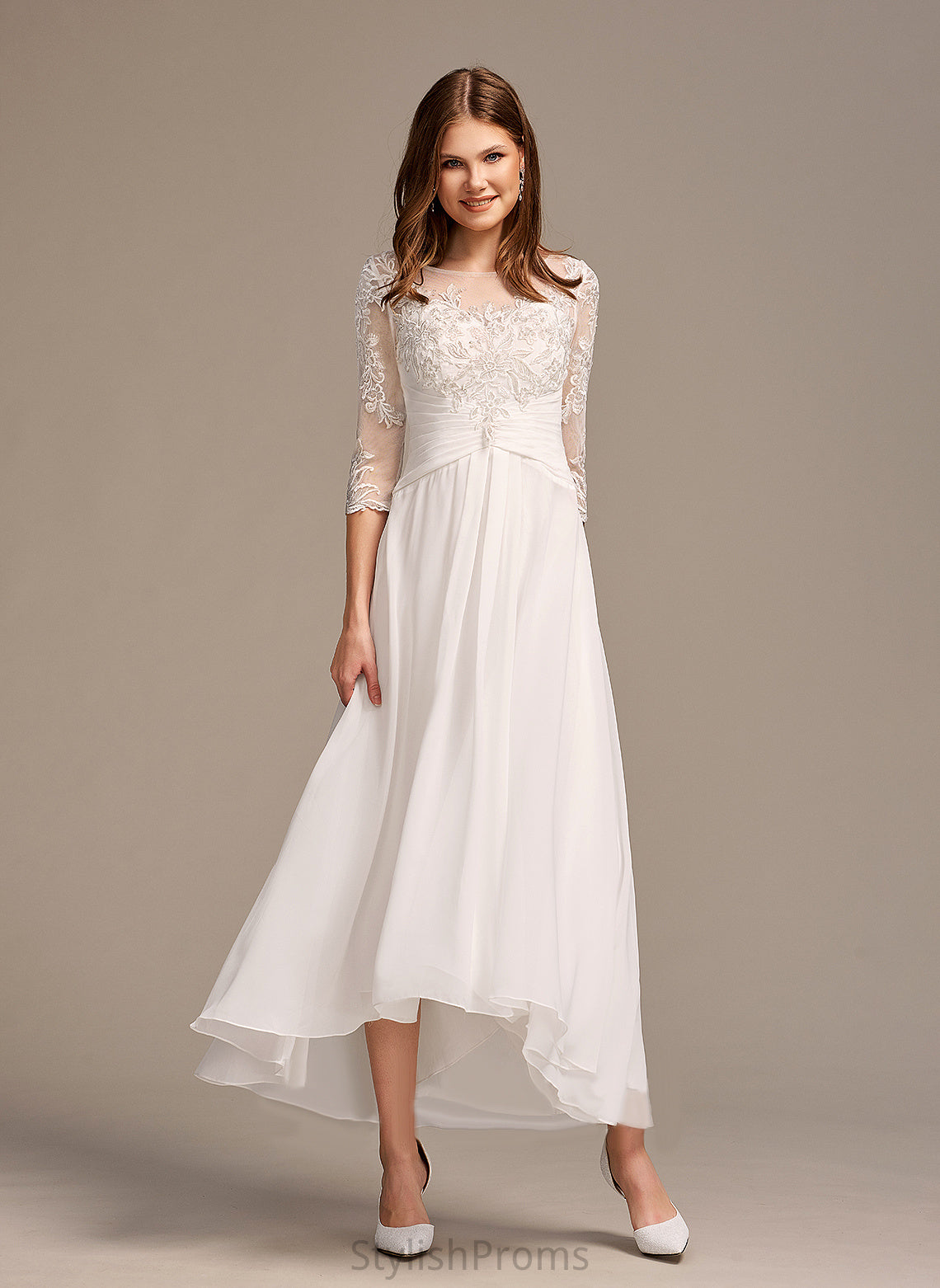 Wedding A-Line Illusion With Chiffon Lace Dress Camryn Asymmetrical Wedding Dresses