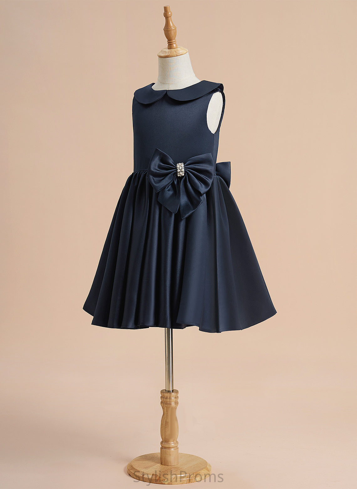 Peter Alyson Beading/Bow(s) With Girl Satin Knee-length - Flower Girl Dresses Collar A-Line Flower Pan Sleeveless Dress