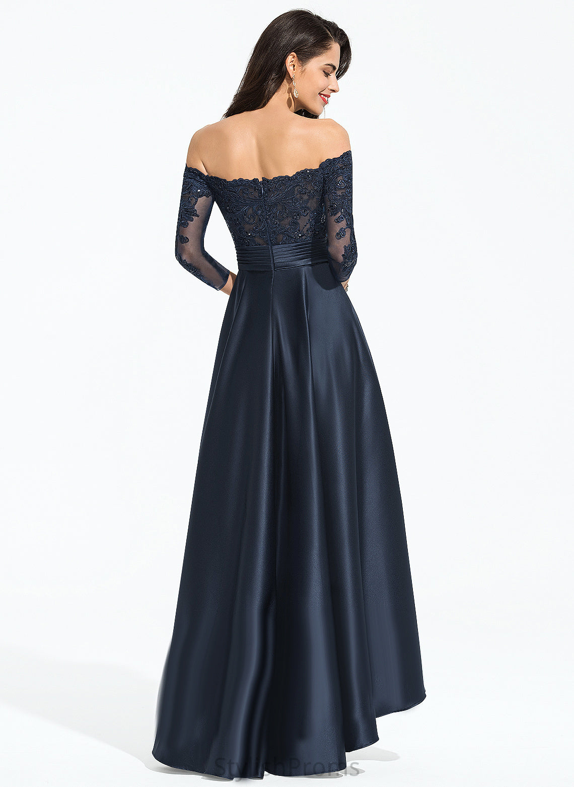 With Sequins Satin Prom Dresses Ruffle Lace Izabella Off-the-Shoulder A-Line Asymmetrical