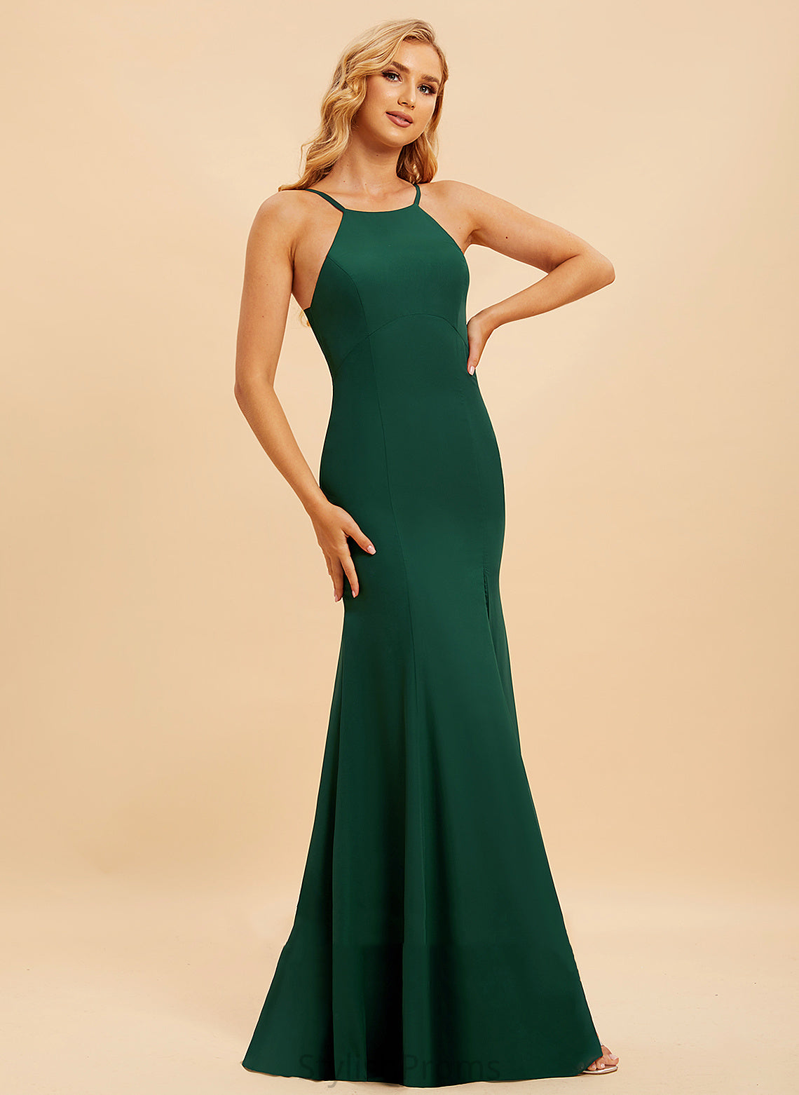 SplitFront Trumpet/Mermaid Embellishment Silhouette Neckline Length Fabric HighNeck Floor-Length Germaine Sleeveless Natural Waist Bridesmaid Dresses