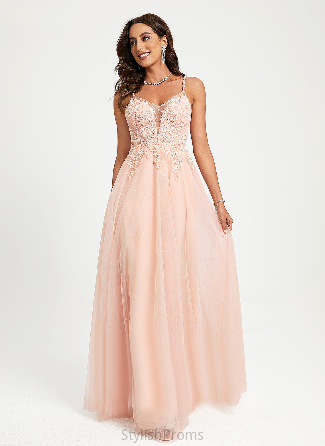 Sequins V-neck Tulle Lace Ball-Gown/Princess With Floor-Length Prom Dresses Adelyn Beading