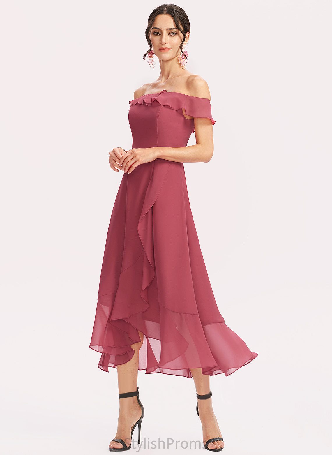 Off-the-Shoulder Dress Ruffles Cocktail Ashlynn Cocktail Dresses Tea-Length Cascading Chiffon A-Line With