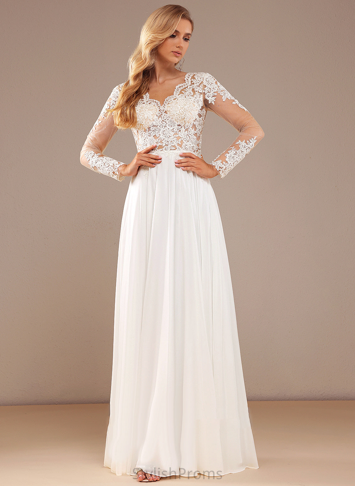 Floor-Length A-Line With Chiffon V-neck Dress Wedding Sequins Wedding Dresses Lace Peyton