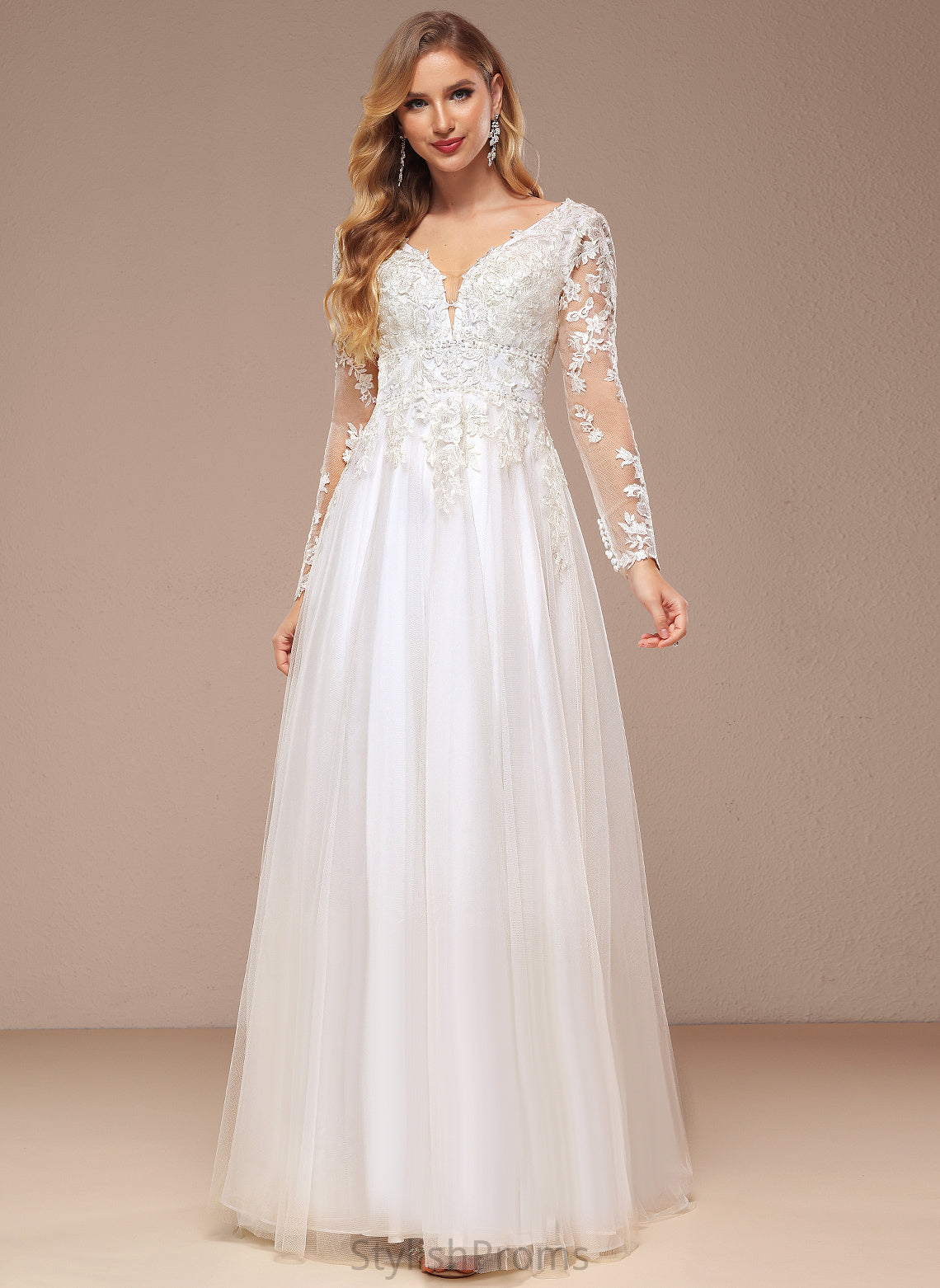 Sequins Beading Tulle Dress Floor-Length Wedding Dresses V-neck A-Line Kyra Lace Wedding With