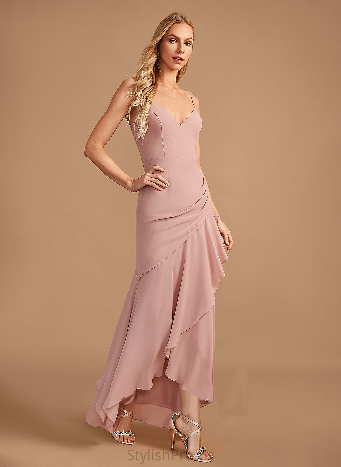 Length Neckline Embellishment V-neck Trumpet/Mermaid Asymmetrical Fabric Silhouette Ruffle Rachael A-Line/Princess Floor Length Bridesmaid Dresses