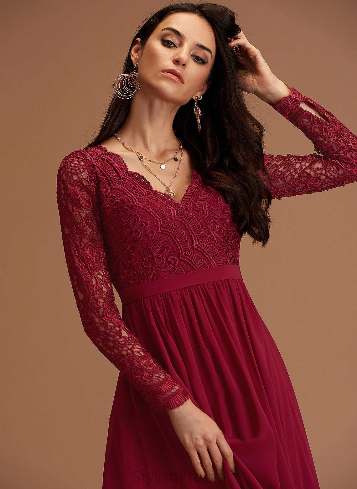 Long Francesca Chiffon Chiffon Sleeves A-line Lace Maxi Dresses V-Neck Club Dresses