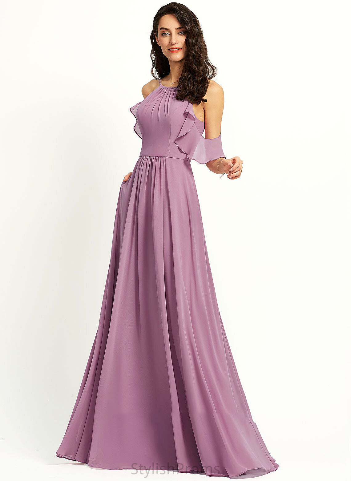 Fabric Floor-Length Length Neckline ScoopNeck Silhouette A-Line Embellishment Pockets Vivian Trumpet/Mermaid Spaghetti Staps Bridesmaid Dresses