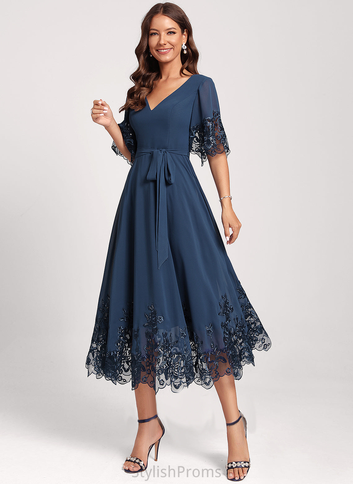 Club Dresses Chiffon Dress A-Line Cocktail Sequins Tea-Length Jacey V-neck With Lace