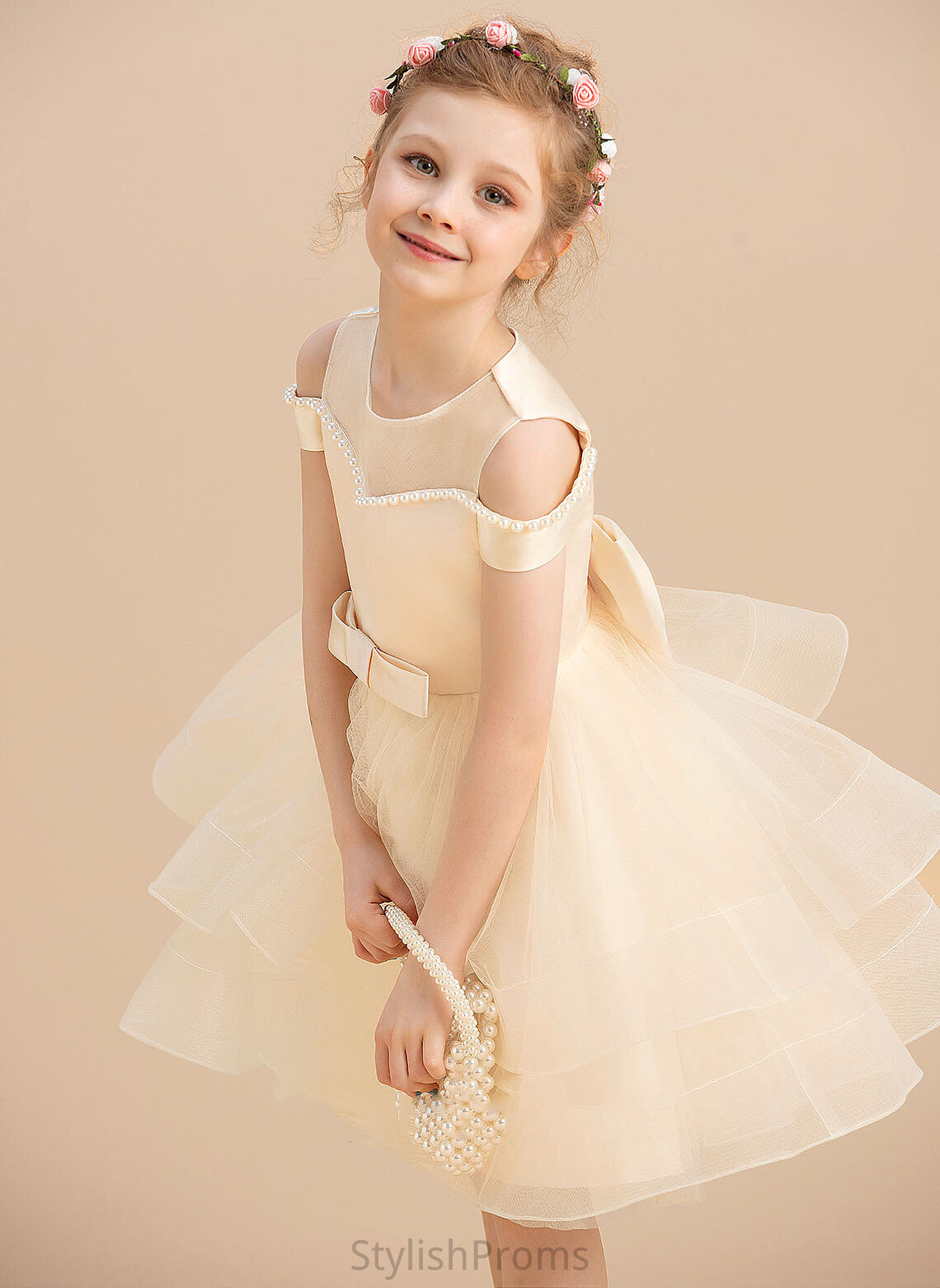 Karma Ball-Gown/Princess Girl Satin/Tulle Sleeveless Beading/Bow(s) Flower Dress Flower Girl Dresses Knee-length - With Neck Scoop