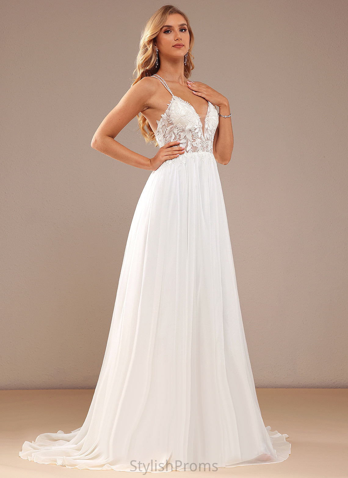 Train Sequins V-neck Wedding Dresses Lace Wedding Beading Chiffon Kailee A-Line Sweep Dress With