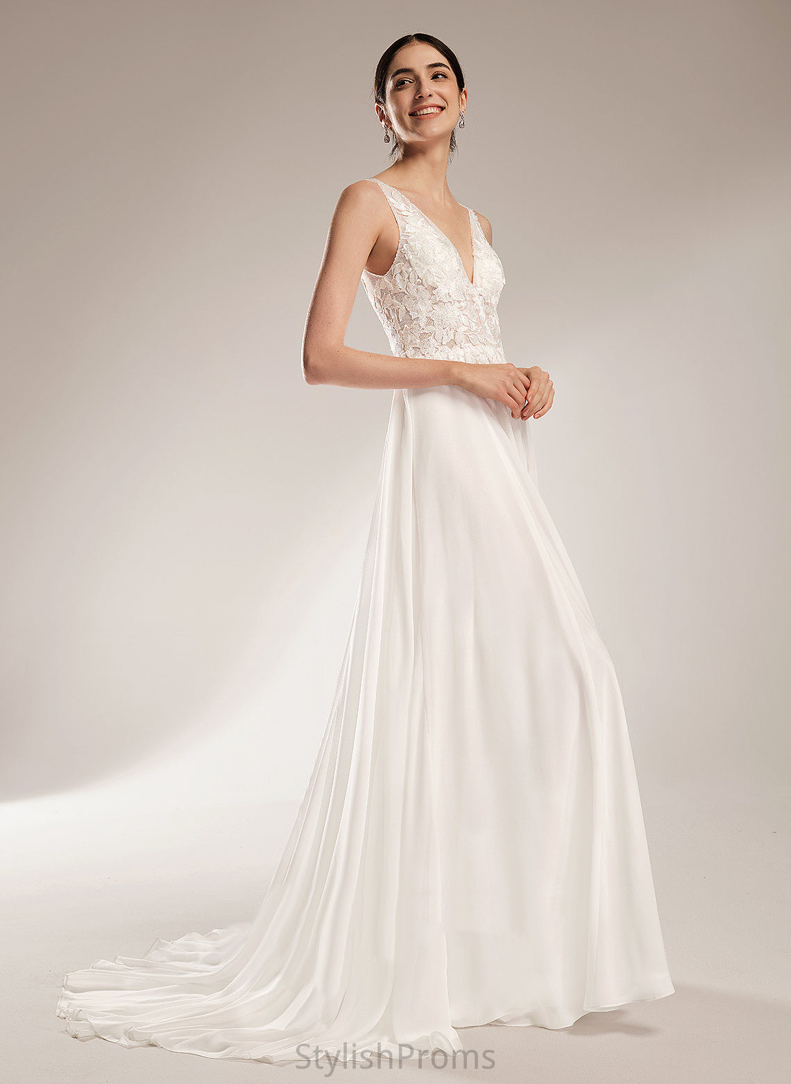 Haven A-Line With Wedding Dresses Beading Train Court V-neck Lace Sequins Wedding Chiffon Dress