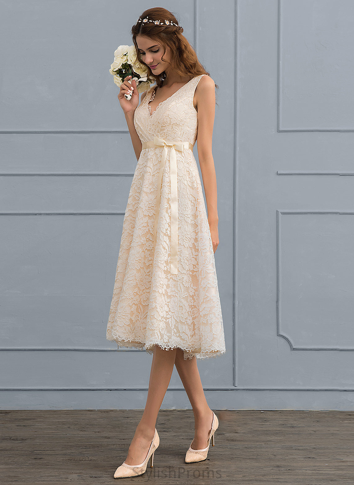 V-neck A-Line Jamiya Wedding Knee-Length Lace Bow(s) Dress With Wedding Dresses