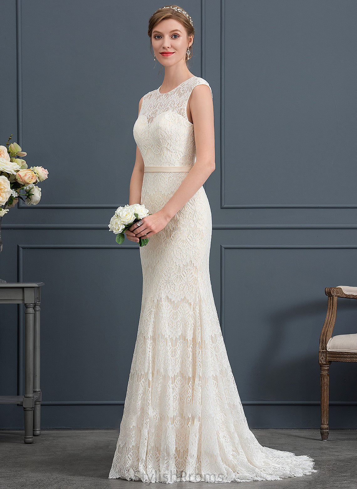 Sweep Lace Train Julia Trumpet/Mermaid Neck Wedding Dress Scoop Wedding Dresses