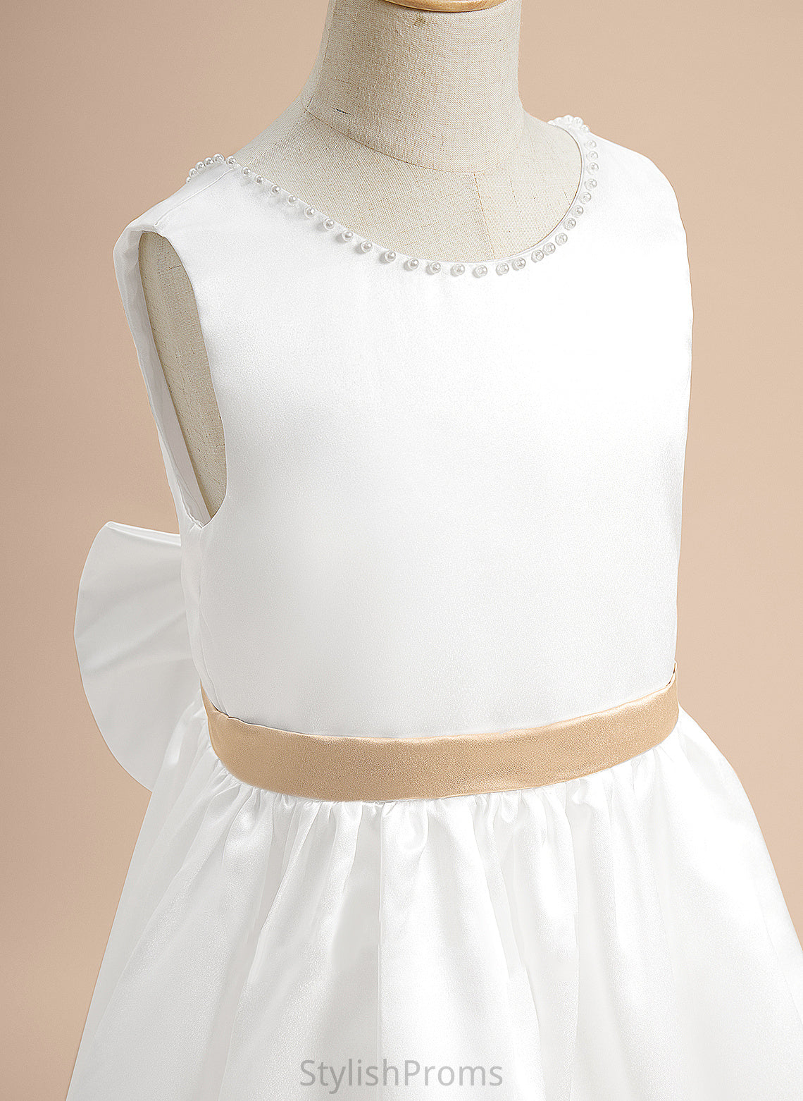 Girl Sash/Beading/Flower(s)/Bow(s) Flower Sleeveless Joyce With Flower Girl Dresses - A-Line Satin Scoop Tea-length Neck Dress